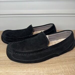 UGG Ascot Sz 8 SN 1003419 Suede Leather Sheepskin Slippers Rubber Sole Black Men